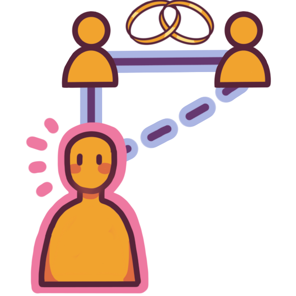 a couple with wedding bands above them, linked to a child, with the step parent’s link being dashed. The stepchild is highlighted in pink.